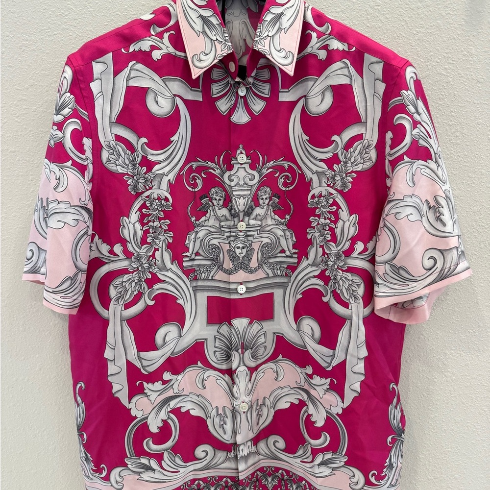Versace Pink Printed Silk Heritage Fit Shirt Size 46